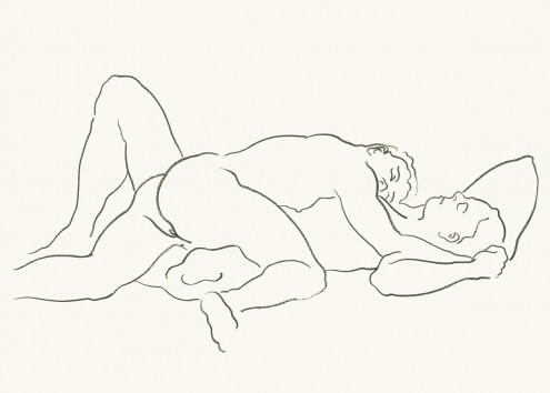 Werner Maier, Akte 9 (Akt, Zeichnung, Erotik, liegende Frauen, Umarmung, Zuneigung, Lesben, Studie, Skizze, People & Eros, nackt, Schlafzimmer, Wunschgröße, schwarz/weiß)