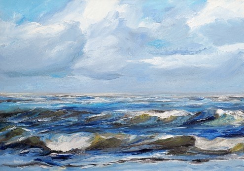 Werner Maier, Wellen im Morgenlicht (Meer, Wellen, Wasser, Unruhe, Bewegung, Wolken, Horizont, Meeresbrise, impressionistisch,  modern, dekorativ, Treppenhaus, Wohnzimmer, Wunschgröße, Malerei, blau/bunt)