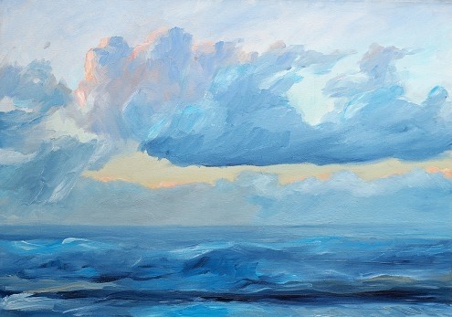 Werner Maier, Abendstimmung am Meer (Meer, Wellen, Wasser, Unruhe, Bewegung, Wolken, Horizont, Meeresbrise, impressionistisch,  modern, dekorativ, Treppenhaus, Wohnzimmer, Wunschgröße, Malerei, blau/bunt)