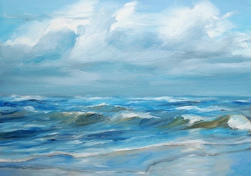 Werner Maier, Nachmittagslicht am Strand (Meer, Wellen, Wasser, Unruhe, Bewegung, Wolken, Horizont, Meeresbrise, impressionistisch,  modern, dekorativ, Treppenhaus, Wohnzimmer, Wunschgröße, Malerei, blau/bunt)