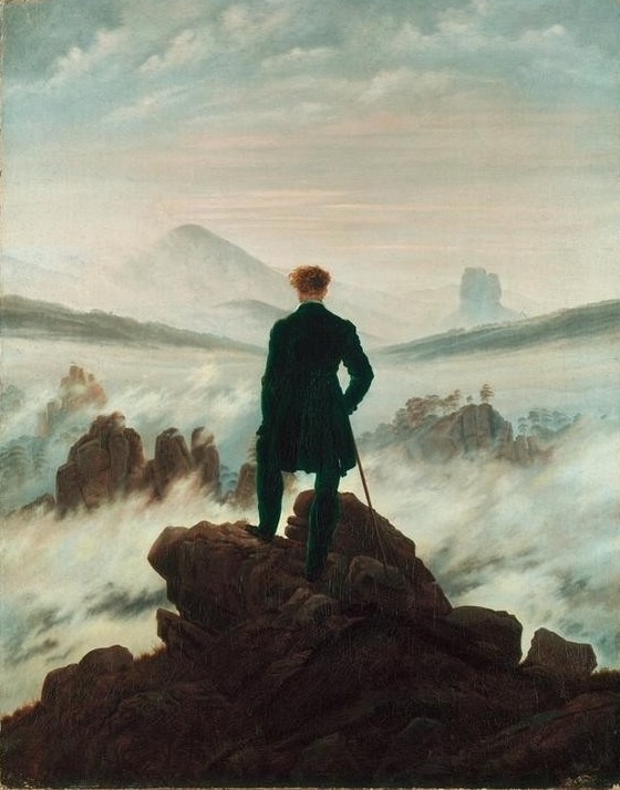 Caspar David Friedrich, Der Wanderer über dem Nebelmeer (Deutsche Kunst,Gebirge,Landschaft,Meteorologie,Freizeit,Wandern,Einsamkeit,Nebel,Rückenfigur,Wanderer,Pantheismus,Betrachten,Meditation,Wanderstock,Romantik,Protestantismus,Symbolbild,Folgen Der Reformation)