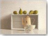 Willem de Bont, Five Pears on Box (Wunschgröße, Malerei, Stillleben, Emaillekanne, Medizinfläschen, Porzellanschale, Pappkartons, Geschirrtücher, Küche, Gastronomie, Esszimmer, realistisch, bunt)