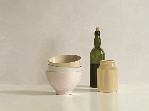 Willem de Bont, Stacked Bowls, Bottle and little Jar (Wunschgröße, Malerei, Stillleben, Kanne Flasche. Porzellanschüsseln, Küche, Gastronomie, Esszimmer, realistisch, bunt)