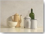 Willem de Bont, Still Life with yellow Coffeepot (Wunschgröße, Malerei, Stillleben, Kanne Emaillekannen, Glasflasche, Porzellanschale, Küche, Gastronomie, Esszimmer, realistisch, bunt)