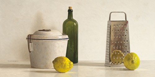 Willem de Bont, Two Lemons, Rasp, Bottle and Pot (Wunschgröße, Malerei, Stillleben, Emailleimer, Flasche, Zitronen, Reibe Küche, Gastronomie, Esszimmer, realistisch, bunt)