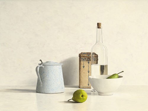 Willem de Bont, Two Pears, Bottle, Can and Jug (Wunschgröße, Malerei, Stillleben, Kanne Flasche, Dose, Birne, Porzellanschüssel, Küche, Gastronomie, Esszimmer, realistisch, bunt)