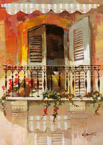 Willem Haenraets, Balcony I (Wunschgröße, Malerei, Architektur, Haus, Hauswand, Balkon, Balkonblumen, Fenster, Markise, mediterran, Wohnzimmer, Treppenhaus, Bistro, bunt)