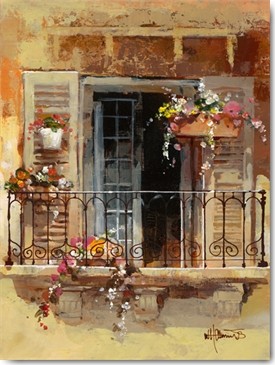 Willem Haenraets, Balcony IV (Wunschgröße, Malerei, Architektur, Haus, Hauswand, Balkon, Balkonblumen, Fenster, Markise,  mediterran, Wohnzimmer, Treppenhaus, Bistro, bunt)