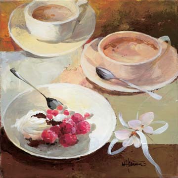 Willem           Haenraets       , Coffee time IV (Wunschgröße, Malerei, Stillleben, Tasse, Kaffeetasse, Kaffee, Küche, Sahne, Beeren, Himbeeren, Süßspeise, Gastronomie, Bistro, Esszimmer,  bunt)