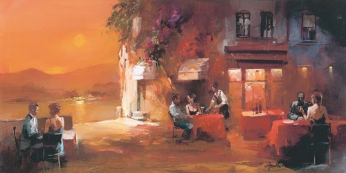 Willem Haenraets, Dinner for Two I (Wunschgröße, Malerei, Landschaft, Restaurant, Landgasthaus, Gasthaus, Menschen, Kellner, Paar, Romanze, Liebespaare, Abendstimmung, Sonnenuntergang, Wohnzimmer, Bistro, Gastronomie, bunt)