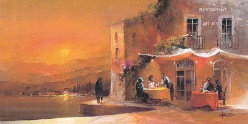 Willem Haenraets, Dinner for Two II (Wunschgröße, Malerei, Landschaft, Restaurant, Landgasthaus, Gasthaus, Menschen, Kellner, Paar, Romanze, Liebespaare, Abendstimmung, Sonnenuntergang, Wohnzimmer, Bistro, Gastronomie, bunt)