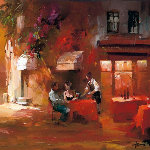 Willem Haenraets, Dinner for two III (Wunschgröße, Malerei, Landschaft, Restaurant, Landgasthaus, Gasthaus, Menschen, Kellner, Paar, Romanze, Liebespaare, Abendstimmung, Sonnenuntergang, Wohnzimmer, Bistro, Gastronomie, bunt)