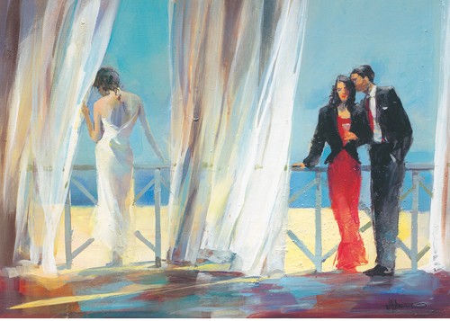 Willem Haenraets, Dreaming about I (Wunschgröße, Malerei, Fenster, Menschen, Paar, Frau, Terrasse, Vorhänge, wehende Vorhänge, Eleganz, Urlaub, Modern, Wohnzimmer, Schlafzimmer, bunt)