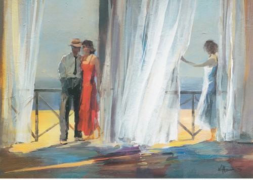 Willem Haenraets, Dreaming about II (Wunsvhgröße, Malerei, Fenster, Menschen, Paar, Frau, Terrasse, Vorhänge, wehende Vorhänge, Eleganz, Urlaub, Modern, Wohnzimmer, Schlafzimmer, bunt)