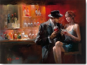 Willem Haenraets, Evening in the Bar I (Wunschgröße, Malerei, Bar, Menschen, Paar, Romanze, Liebespaar, Gespräch, Interieur, Wohnzimmer, Bistro, Gastronomie, Esszimmer, bunt)