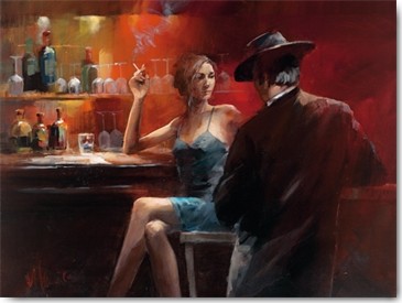 Willem Haenraets, Evening in the Bar II (Wunschgröße, Malerei, Bar, Menschen, Paar, Romanze, Liebespaar, Gespräch, Interieur, Wohnzimmer, Bistro, Gastronomie, Esszimmer, bunt)