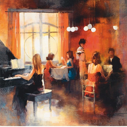 Willem Haenraets, Rendez-vous I (Wunschgröße, Malerei, Cafe, Klavier, Klavierspielerin, Musikerin, Menschen, Paare, Gespräche, Kellnerin, Wohnzimmer, Bistro, Gastronomie, Esszimmer, bunt)