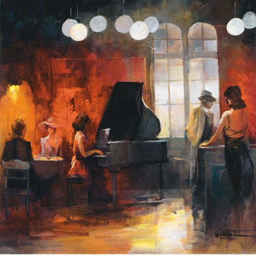 Willem Haenraets, Rendez-vous II (Wunschgröße, Malerei, Cafe, Klavier, Klavierspielerin, Musikerin, Menschen, Paare, Gespräche, Kellnerin, Wohnzimmer, Bistro, Gastronomie, Esszimmer, bunt)