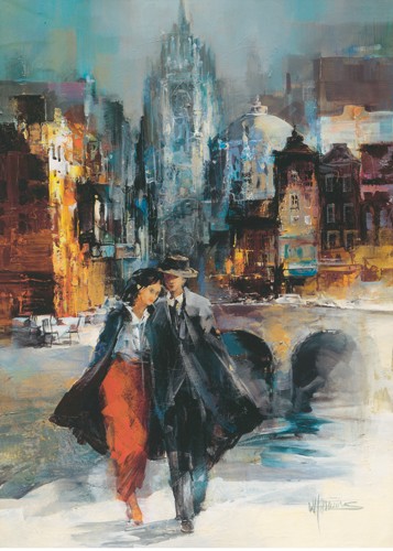 Willem Haenraets, Romance I (Wunschgröße, Malerei, Stadt, Architektur, Straße, Brücke, Fluss, Häuser, Menschen, Spaziergänger, Paar, Romanze, Liebespaar, Wohnzimmer, Arztpraxis, bunt)