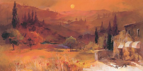 Willem Haenraets, Romantic Tuscany II (Wunschgröße, Malerei, Landschaft, mediterran, Toskana, Italien, Hügel, Bäume, Zypressen, Abendstimmung, Sonnenuntergang, Wohnzimmer, Gastronomie,  bunt)