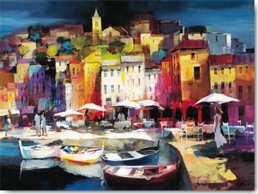 Willem Haenraets, Seaport Town II (Stadt, See, Uferpromenade, Boote, Architektur, Häuser, mediteran, Abendstimmung, Wasser, Reflexionen, Spiegelungen, Wohnzimmer, Arztpraxis, Wunschgröße, Malerei,  bunt)