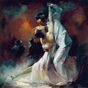 Willem Haenraets, Tango Argentino I (Malerei, Tänzer, Tangotänzer, Figural, People & Eros, Gastronomie, Musiker, Tango, Tanz, Gitarrenspieler, Modern, Wohnzimmer, Tanzschule, bunt)