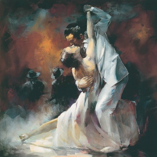 Willem Haenraets, Tango Argentino I (Wunschgröße, Malerei, Figural, People & Eros, Gastronomie, Musiker, Tänzer, Tango, Tanz, Gitarrenspieler, Modern, Wohnzimmer, Tanzschule, bunt)