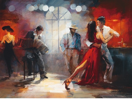 Willem Haenraets, Tango (Malerei, Figural, People & Eros, Gastronomie, Musiker, Tänzer, Tango, Tanz, Bandoneon, Bar, Modern, Wohnzimmer, Tanzschule, Wunschgröße, bunt)