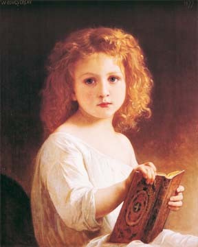 WILLIAM ADOLPHE BOUGUEREAU, The story book (Kind, Mädchen, Märchenbuch, Portrait, verträumt, melancholisch, Symbolismus, Klassiker, Wohnzimmer, Schlafzimmer,  Treppenhaus, Wunschgröße, Malerei, bunt)