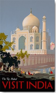 William Spencer Bagdatopoulus, Visit India, The Taj Mahal (Wunschgröße, Plakatkunst, Grafik, Taj Mahal, Indien, Wahrzeichen, Architektur, Mausoleum, Agra, Tourismus, Werbung, Treppenhaus, Wohnzimmer, bunt)