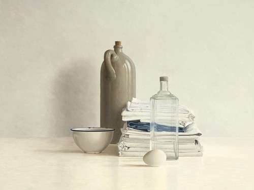 Willem de Bont, Jar, Bottle, Egg, Bowl and Cloths (Wunschgröße, Malerei, Stillleben, Kanne Flasche, Ei, Geschirrtücher, Emaillschüssel, Küche, Gastronomie, Esszimmer, realistisch, bunt)