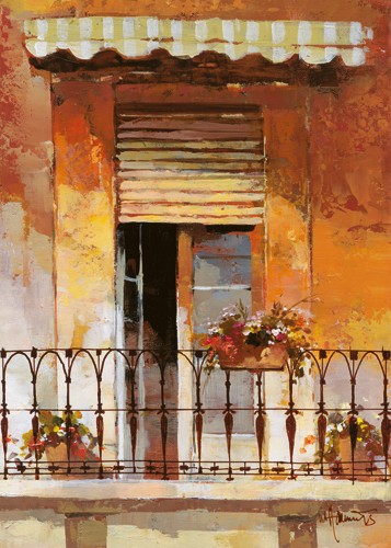 Willem Haenraets, Balcony II (Wunschgröße, Malerei, Architektur, Haus, Hauswand, Balkon, Balkonblumen, Fenster, Markise,  mediterran, Wohnzimmer, Treppenhaus, Bistro, bunt)