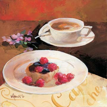 Willem           Haenraets       , Coffee time III (Wunschgröße, Malerei, Stillleben, Tasse, Kaffeetasse, Kaffee, Küche, Törtchen, Tortelettes, Beeren, Himbeeren, Kuchen, Süßspeise, Gastronomie, Bistro, Esszimmer,  bunt)