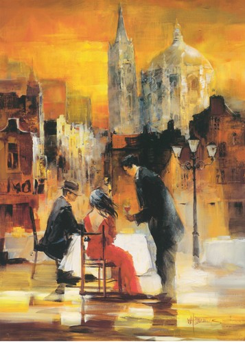 Willem Haenraets, Romance II (Wunschgröße, Malerei, Stadt, Architektur, Straße, Häuser, Straßencafe, Menschen, Kellner, Paar, Romanze, Liebespaar, Wohnzimmer, Bistro, Cafe, Gastronomie, bunt)