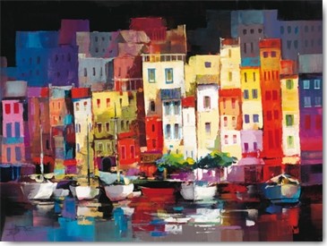 Willem Haenraets, Seaport Town I (Stadt, See, Uferpromenade, Boote, Architektur, Häuser, mediterran, Abendstimmung, Wasser, Reflexionen, Spiegelungen, Wohnzimmer, Arztpraxis, Wunschgröße, Malerei,  bunt)