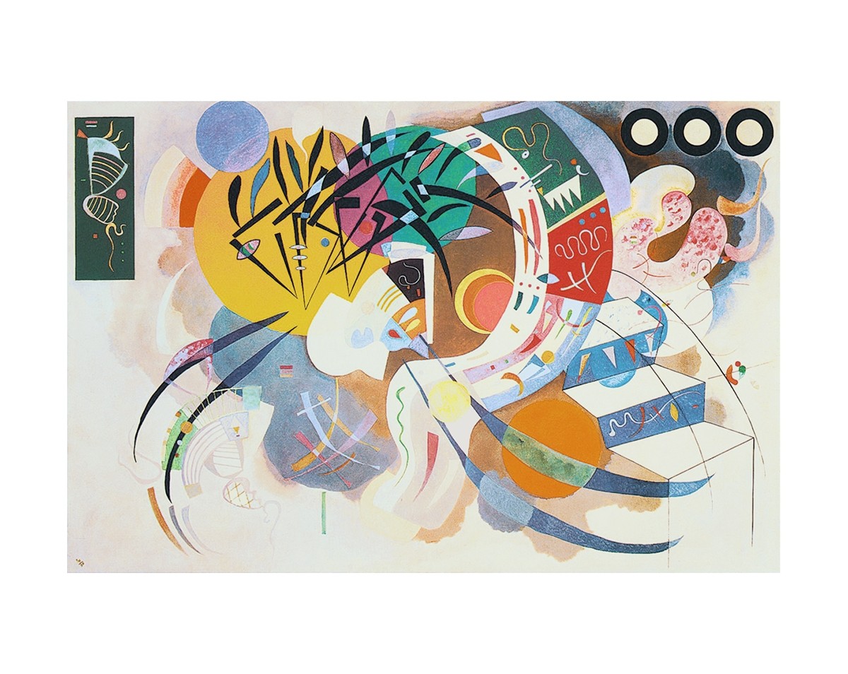 Wassily Kandinsky, Dominant Curve (Klassische Moderne, Malerei, abstrakte Kunst, geometrische Formen, abstrakte Muster, Linien, Kreise, Dreiecke, Kurven, Balken, Bögen, Wohnzimmer, Büro, Arztpraxis, bunt)