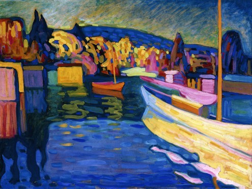 Wassily Kandinsky, Herbstlandschaft mit Booten (Klassische Moderne, Expressionismus, Boote, Dorf, Wohnzimmer, Büro, Arztpraxis, Malerei, bunt)