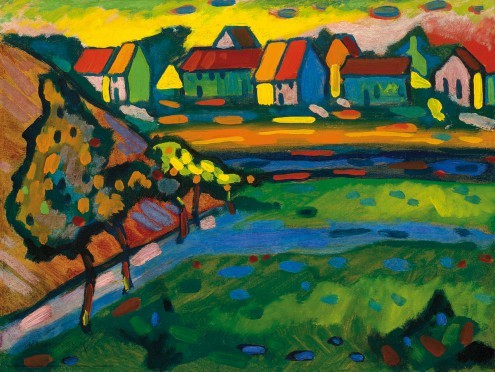 Wassily Kandinsky, Bayrisches Dorf mit Feld (Klassische Moderne, Expressionismus, Dorf, Häuser, Wiesen, Idylle, Wohnzimmer, Büro, Arztpraxis, Malerei, bunt)