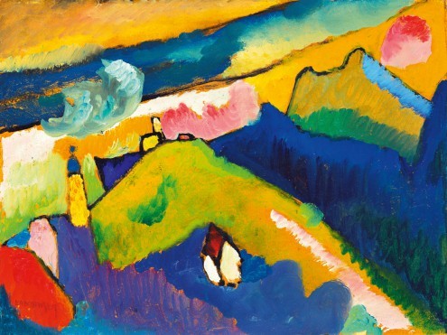 Wassily Kandinsky, Murnau, Berglandschaft (Klassische Moderne, Malerei, Expressionismus, Landschaft, Dorf, Hügel, Häuser,  Wiese, Wohnzimmer, Büro, Arztpraxis, bunt)