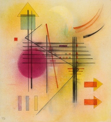 Wassily Kandinsky, Vibrierend. 1928 (Kandinsky,Wassily,1866-1944,Christie's Images Ltd,20. Jahrhundert,Aquarell,Feder und Tusche,Abstraktion,auf Papier,Wassily Kandinsky,Bauhaus,Balance,ausbalanciert,geometrisch,Geometrie,Kreis,Halbkreis,Pfeil,Pfeile,Rechtecke,dynamisch,gelb,farbenfroh,pink)