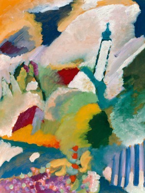 Wassily Kandinsky, Kirche in Murnau (Klassische Moderne, Malerei, Expressionismus, Landschaft, Dorf, Hügel, Kirchturm, Wohnzimmer, Büro, Arztpraxis, bunt)