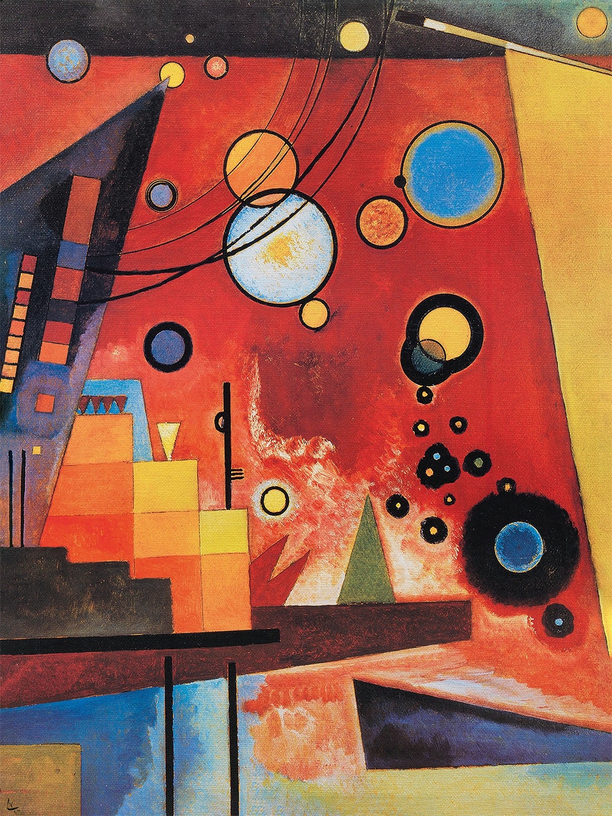 Wassily Kandinsky, Schweres Rot (Klassische Moderne, Malerei, abstrakte Kunst, geometrische Formen, abstrakte Muster, Linien, Kreise, Dreiecke, Balken, Bögen, Wohnzimmer, Büro, Arztpraxis, bunt)