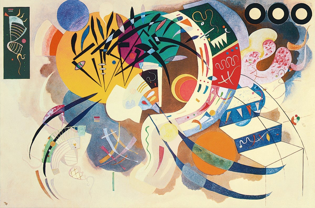 Wassily Kandinsky, Dominant Curve (Klassische Moderne, Malerei, abstrakte Kunst, geometrische Formen, abstrakte Muster, Linien, Kreise, Dreiecke, Wellenlinien, Balken, Bögen, Wohnzimmer, Büro, Arztpraxis, bunt)