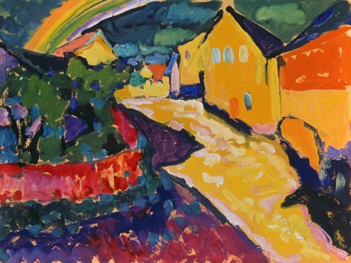 Wassily Kandinsky, Murnau mit Regenbogen (Klassische Moderne, Expressionismus, Dorf, Dorfstraße, Regenbogen, Wohnzimmer, Büro, Arztpraxis, Wunschgröße, Malerei, bunt)