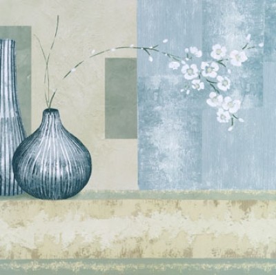 Linda Wood, Collection V (Stillleben, Moderne, Blüten, Vasen, geometrische Muster, Blumen, Wohnzimmer, Esszimmer, grau/blau)