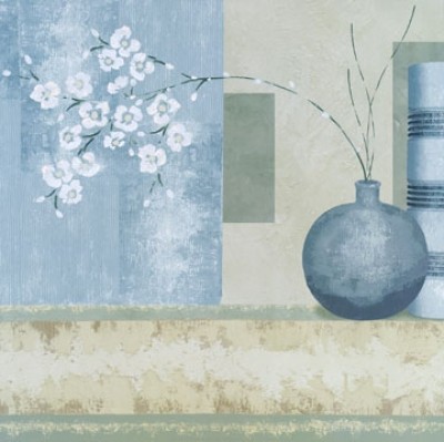 Linda Wood, Collection VI (Stillleben, Moderne, Blüten, Vasen, geometrische Muster, Blumen, Wohnzimmer, Esszimmer, grau/blau)