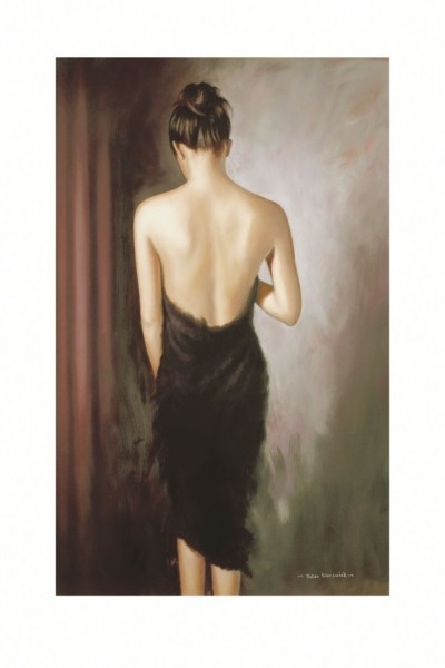 Peter Worswick, SENSUAL II (Menschen, People & Eros, Erotik, Akt, Aktmalerei, Rückenakt, Negligee, junge Frau, lasziv, Schlafzimmer, Malerei, bunt)