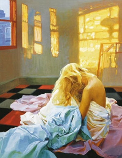 Zhaoming Wu, Whisper of Evening (Akt, Aktmalerei, Rückenakt, Blondine, Bett, Bettwäsche, Interieur, Zimmer, Frau, Figurativ, Modern, Zeitgenössisch, People & Eros,  Erotik, Schlafzimmer, Wohnzimmer)