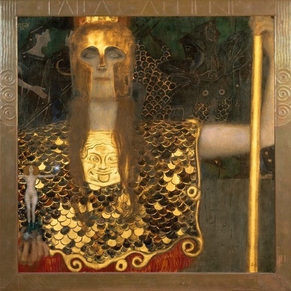Gustav Klimt, Minerva or Pallas Athena, 1898 (oil on canvas) (Klassische Moderne,dekorativ, Jugendstil, Mythologie, Göttin, Kriegerin, Rüstung, Wohnzimmer, Treppenhaus, Malerei, Wunschgröße, gold/bunt)