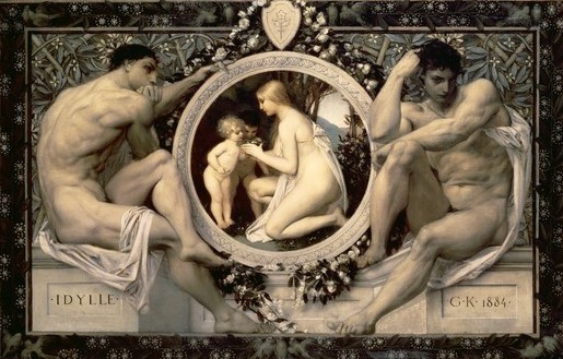 Gustav Klimt, Idylle, 1884 (Jugendstil, Tondo, Mutter, Kinder, Athleten, muskulös, Fries, Akt, Illusion, Sinnestäuschung, Trompe l'oeil, Wohnzimmer, Schlafzimmer, Wunschgröße, bunt)